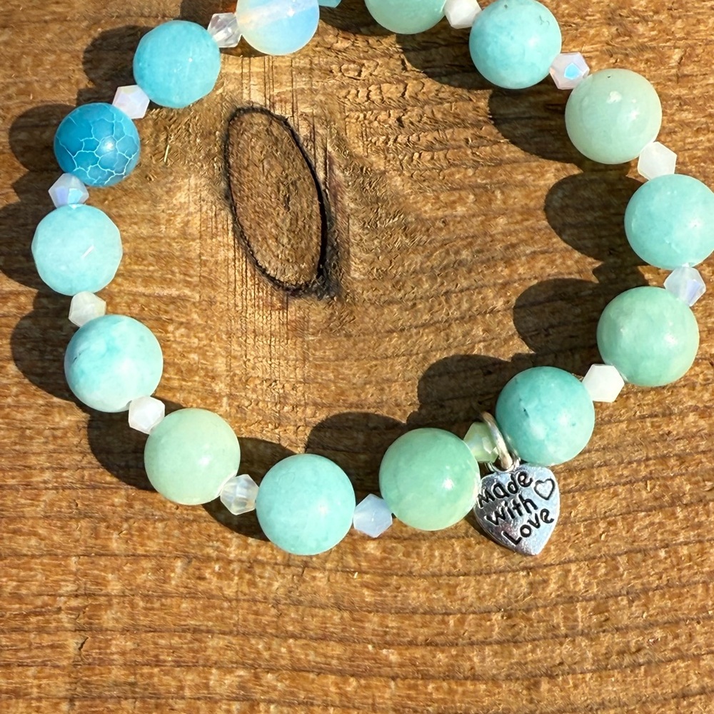 Turquoise dyed agate also known as dragon vein Beaded Bracelet with Heart Charm